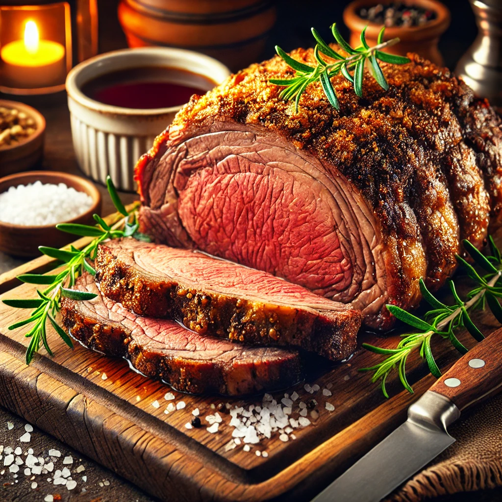 Perfectly cooked prime rib roast with crispy crust and medium-rare center, garnished with rosemary.