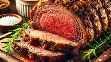 Perfectly cooked prime rib roast with crispy crust and medium-rare center, garnished with rosemary.